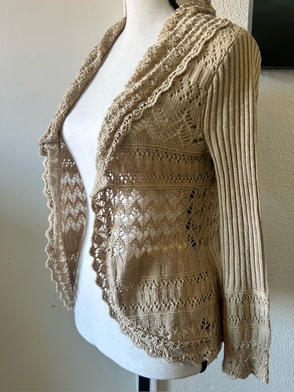 Y2K Retro Tan Crochet Pointelle Open Front Cardigan Boho Coastal Sz M Fairycore